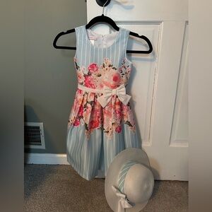 Bonnie Jean Blue Floral Fit-and-Flare Dress with White Bow - Matching Easter Hat